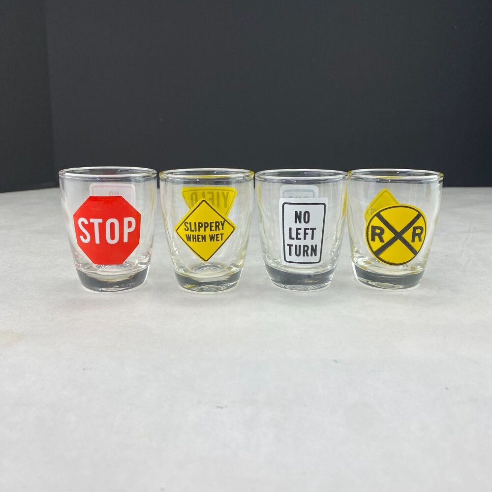 Vintage Road Sign 2 Ounce Shot Glasses Lot of 4